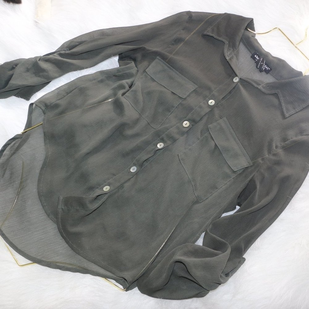 "About a Girl" Sheer Olive Green Button-Down Shirt - Size Small